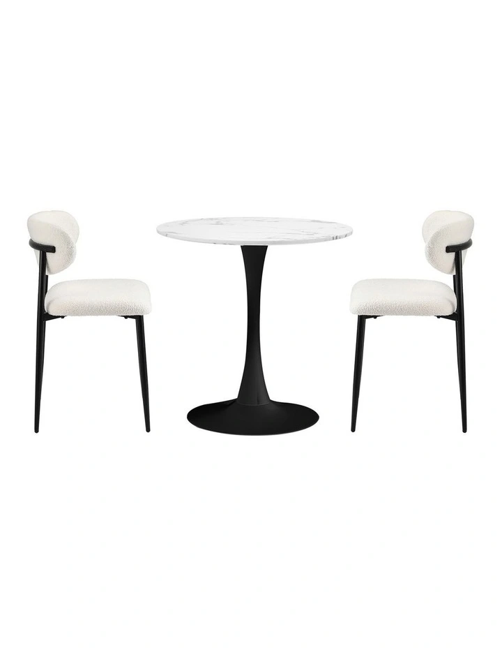 Oikiture 60cm Round Dining Table with 2x Dining Chairs Boucle White&Black image 2