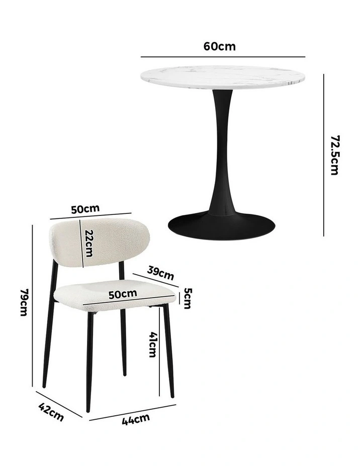 Oikiture 60cm Round Dining Table with 2x Dining Chairs Boucle White&Black image 3
