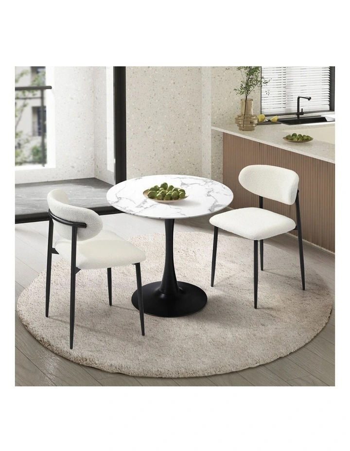 Oikiture 60cm Round Dining Table with 2x Dining Chairs Boucle White&Black image 4
