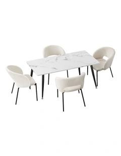 Oikiture 120cm Rectangle Dining Table with 4PCS Dining Chairs Sherpa White&Black
