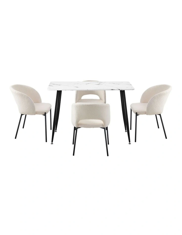 Oikiture 120cm Rectangle Dining Table with 4PCS Dining Chairs Sherpa White&Black image 2