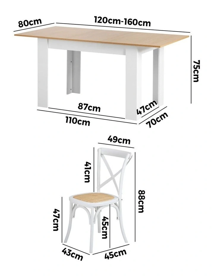 Oikiture 160cm Extendable Dining Table with 4PCS Dining Chairs Crossback White image 3