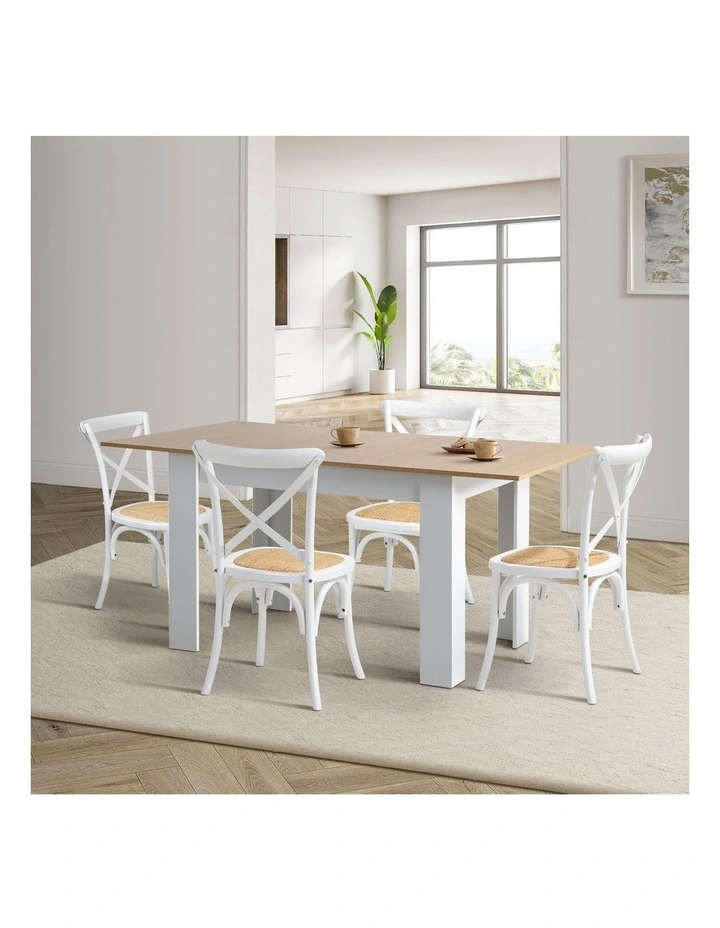 Oikiture 160cm Extendable Dining Table with 4PCS Dining Chairs Crossback White image 4