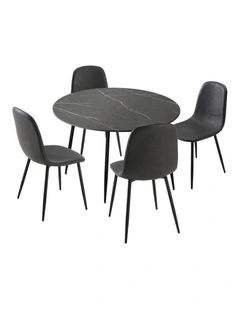 Oikiture 110cm Round Dining Table with 4PCS Dining Chairs PU Grey&Black
