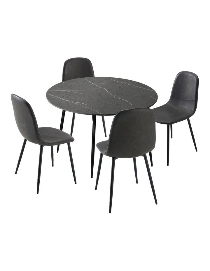 Oikiture 110cm Round Dining Table with 4PCS Dining Chairs PU Grey&Black image 1