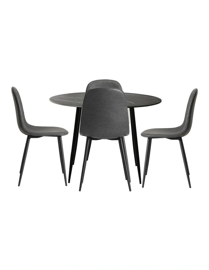 Oikiture 110cm Round Dining Table with 4PCS Dining Chairs PU Grey&Black image 2