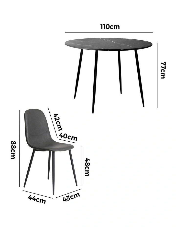 Oikiture 110cm Round Dining Table with 4PCS Dining Chairs PU Grey&Black image 3