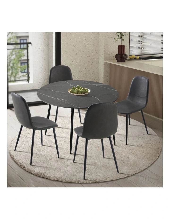 Oikiture 110cm Round Dining Table with 4PCS Dining Chairs PU Grey&Black image 4