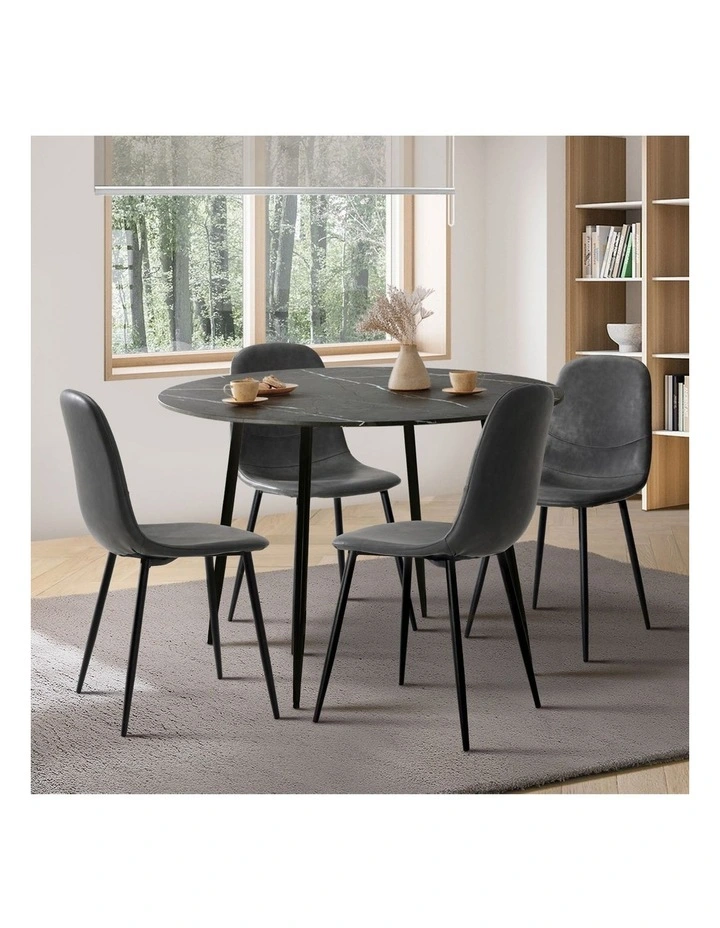 Oikiture 110cm Round Dining Table with 4PCS Dining Chairs PU Grey&Black image 5