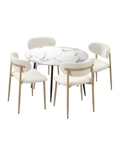 Oikiture 110cm Round Dining Table with 4x Dining Chairs Boucle White