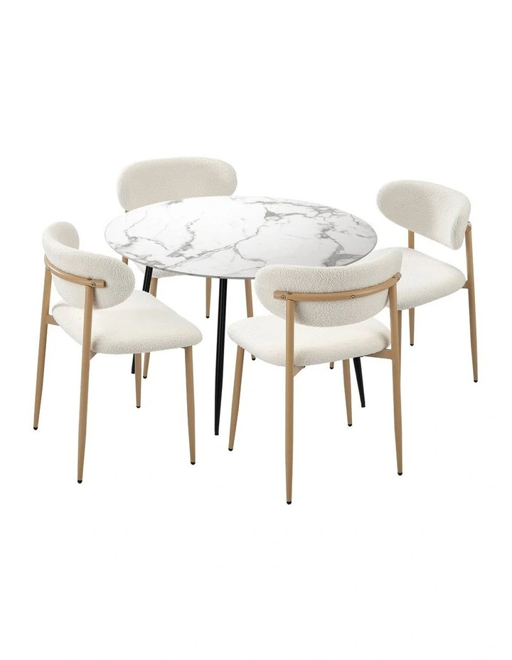 Oikiture 110cm Round Dining Table with 4x Dining Chairs Boucle White image 1