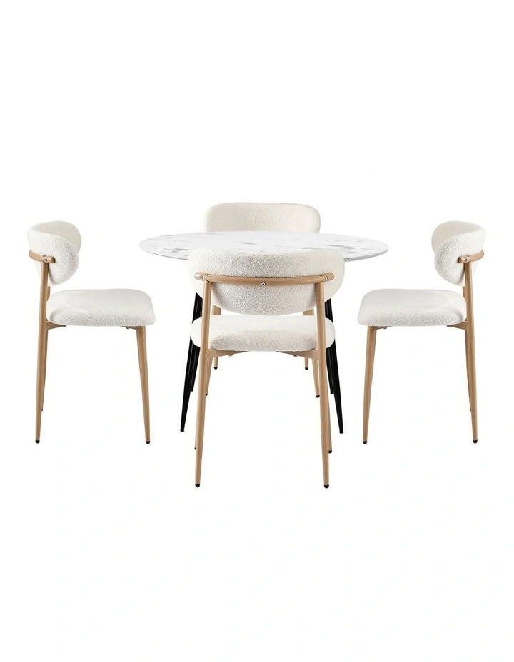 Oikiture 110cm Round Dining Table with 4x Dining Chairs Boucle White image 2