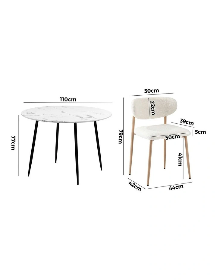 Oikiture 110cm Round Dining Table with 4x Dining Chairs Boucle White image 3