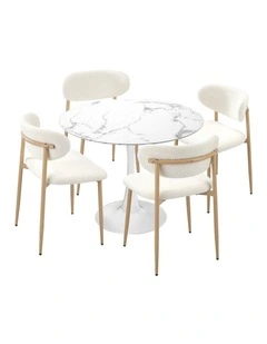 Oikiture 90cm Round Dining Table with 4x Dining Chairs Boucle White&Gold