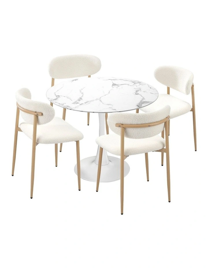 Oikiture 90cm Round Dining Table with 4x Dining Chairs Boucle White&Gold image 1