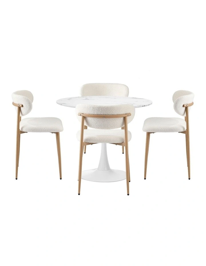Oikiture 90cm Round Dining Table with 4x Dining Chairs Boucle White&Gold image 2