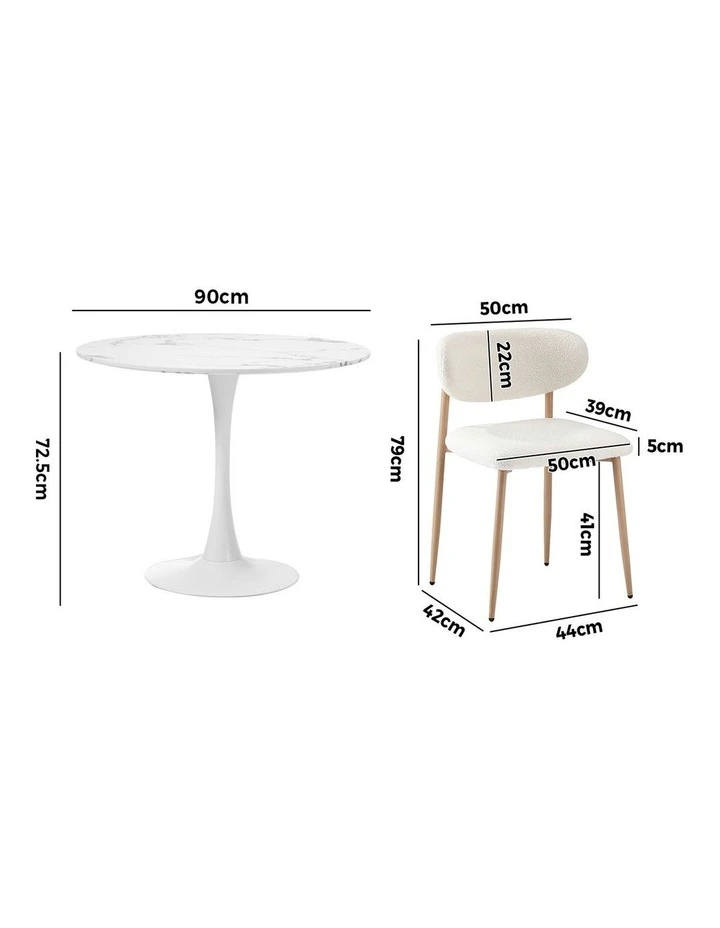 Oikiture 90cm Round Dining Table with 4x Dining Chairs Boucle White&Gold image 3