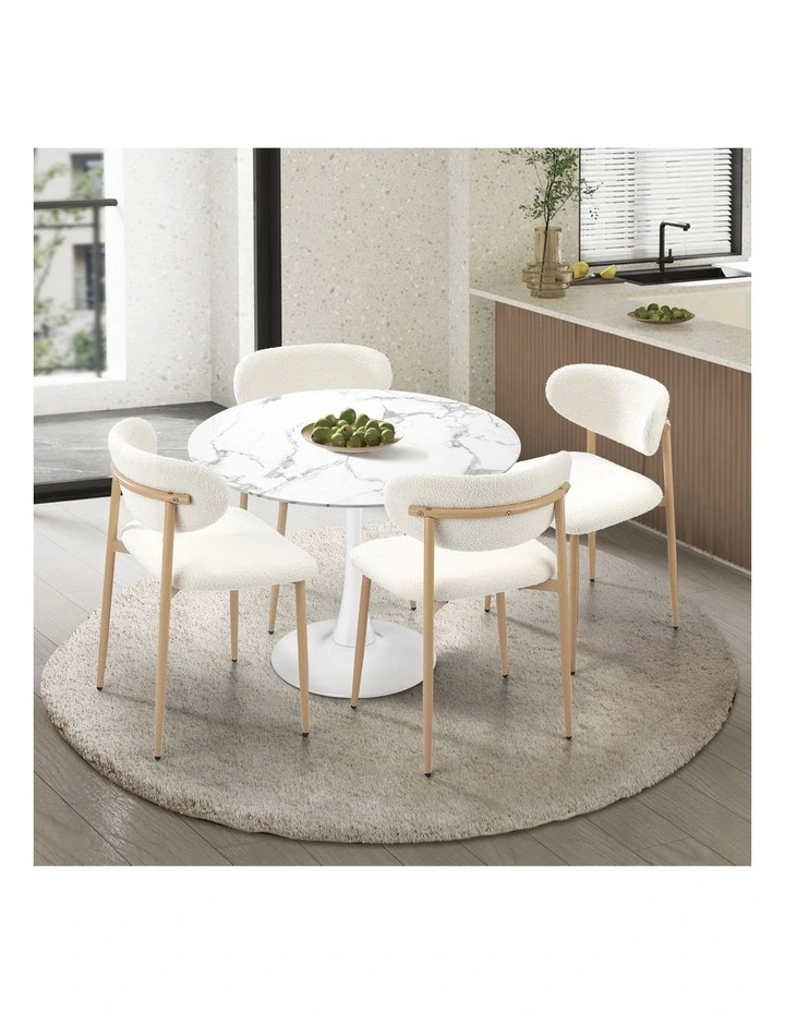 Oikiture 90cm Round Dining Table with 4x Dining Chairs Boucle White&Gold image 4