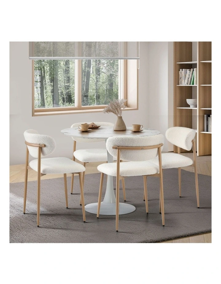 Oikiture 90cm Round Dining Table with 4x Dining Chairs Boucle White&Gold image 5