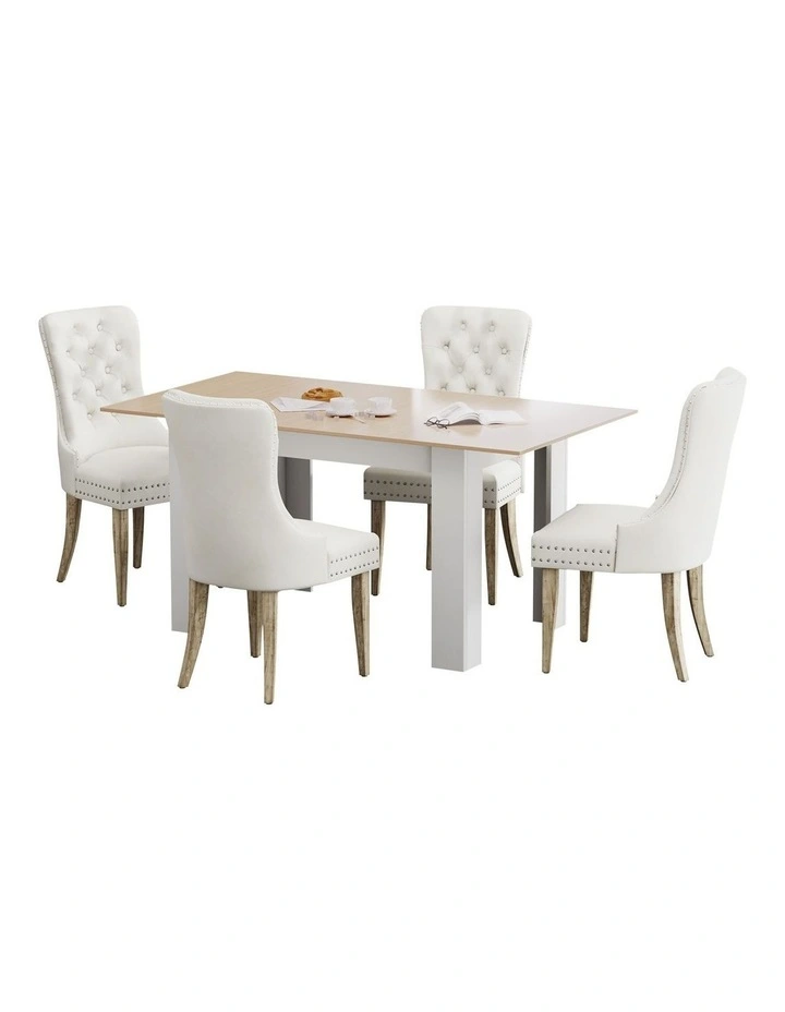 Oikiture 160cm Extendable Dining Table with 4PCS Dining Chairs Velvet Beige image 1