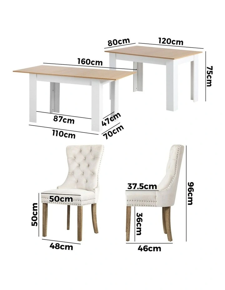 Oikiture 160cm Extendable Dining Table with 4PCS Dining Chairs Velvet Beige image 3
