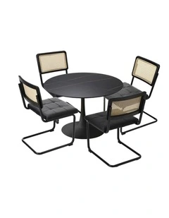 Oikiture 90cm Round Dining Table with 4PCS Dining Chairs PU Leather Black