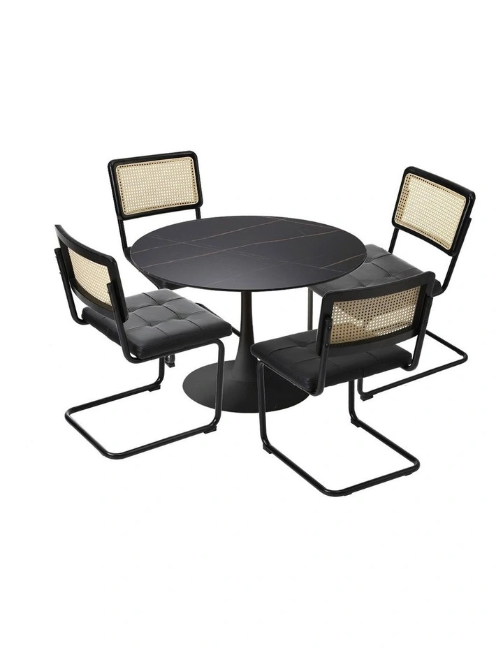 Oikiture 90cm Round Dining Table with 4PCS Dining Chairs PU Leather Black image 1