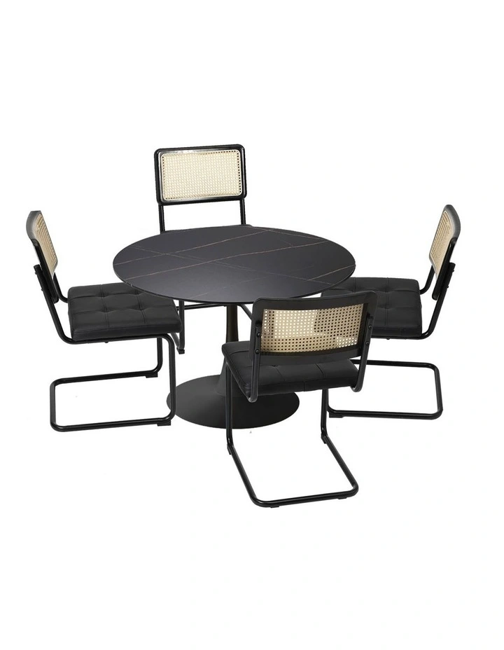 Oikiture 90cm Round Dining Table with 4PCS Dining Chairs PU Leather Black image 2
