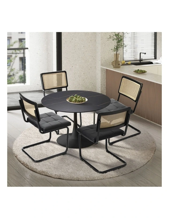 Oikiture 90cm Round Dining Table with 4PCS Dining Chairs PU Leather Black image 4