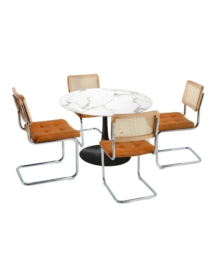 Oikiture 90cm Round Dining Table with 4PCS Dining Chairs PU Leather Brown image 1