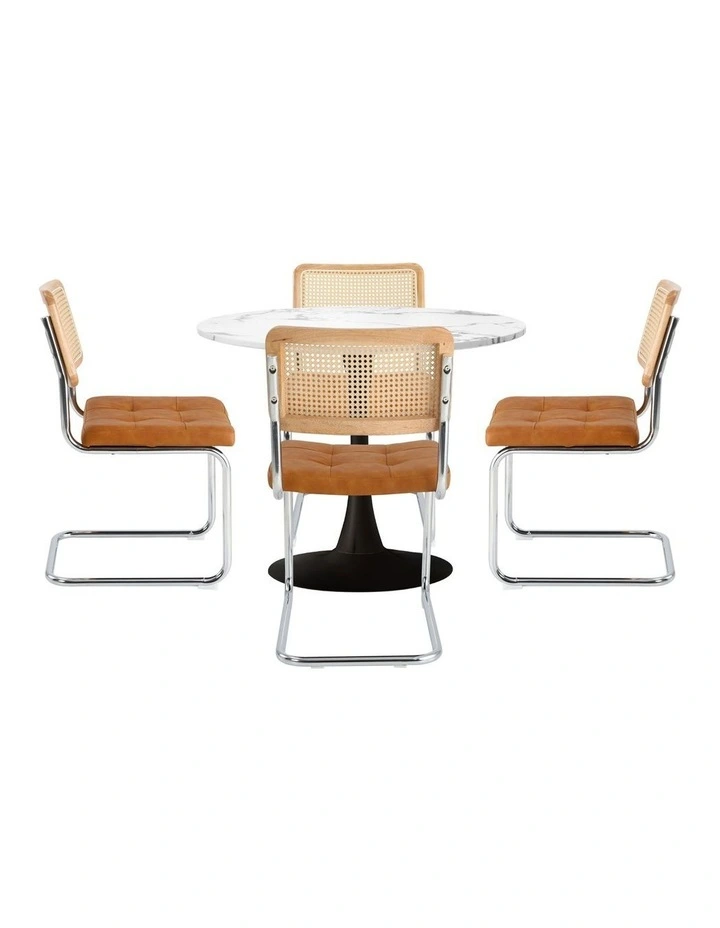 Oikiture 90cm Round Dining Table with 4PCS Dining Chairs PU Leather Brown image 2