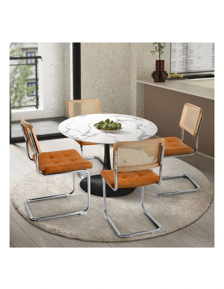 Oikiture 90cm Round Dining Table with 4PCS Dining Chairs PU Leather Brown image 4