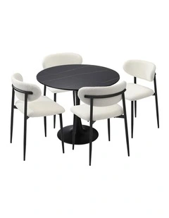 Oikiture 90cm Round Dining Table with 4x Dining Chairs Boucle Black&White