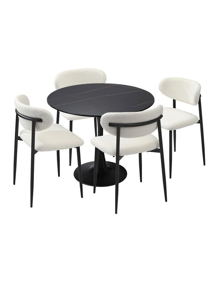 Oikiture 90cm Round Dining Table with 4x Dining Chairs Boucle Black&White image 1