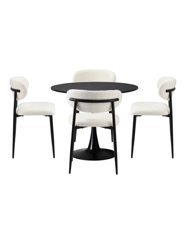 Oikiture 90cm Round Dining Table with 4x Dining Chairs Boucle Black&White image 2