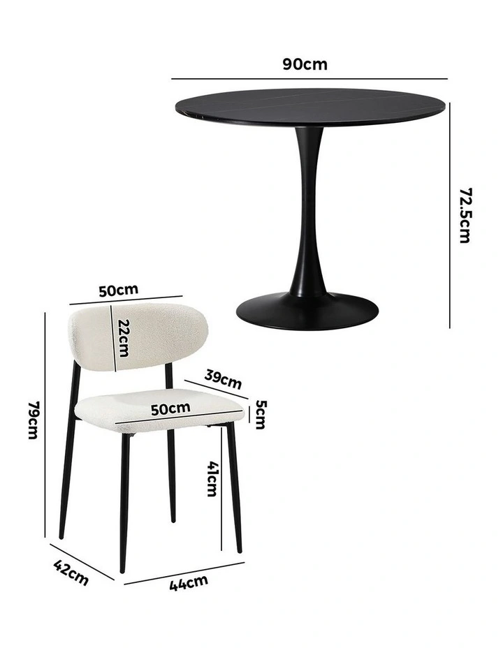 Oikiture 90cm Round Dining Table with 4x Dining Chairs Boucle Black&White image 3