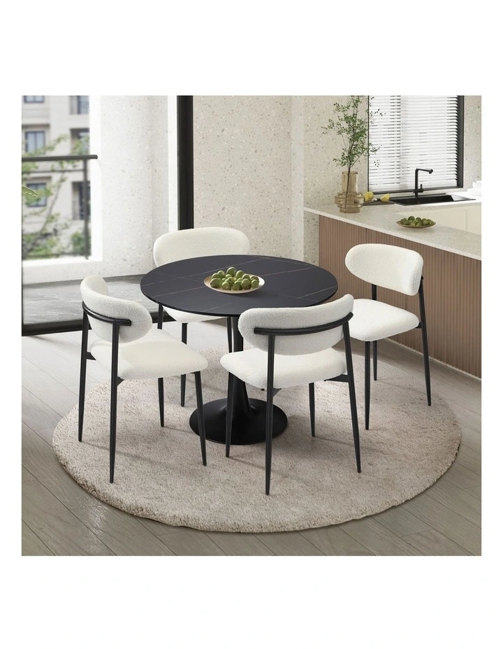 Oikiture 90cm Round Dining Table with 4x Dining Chairs Boucle Black&White image 4