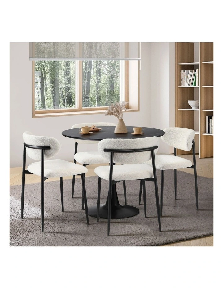 Oikiture 90cm Round Dining Table with 4x Dining Chairs Boucle Black&White image 5