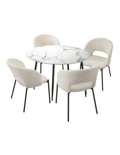 Oikiture 110cm Round Dining Table with 4PCS Dining Chairs Sherpa White