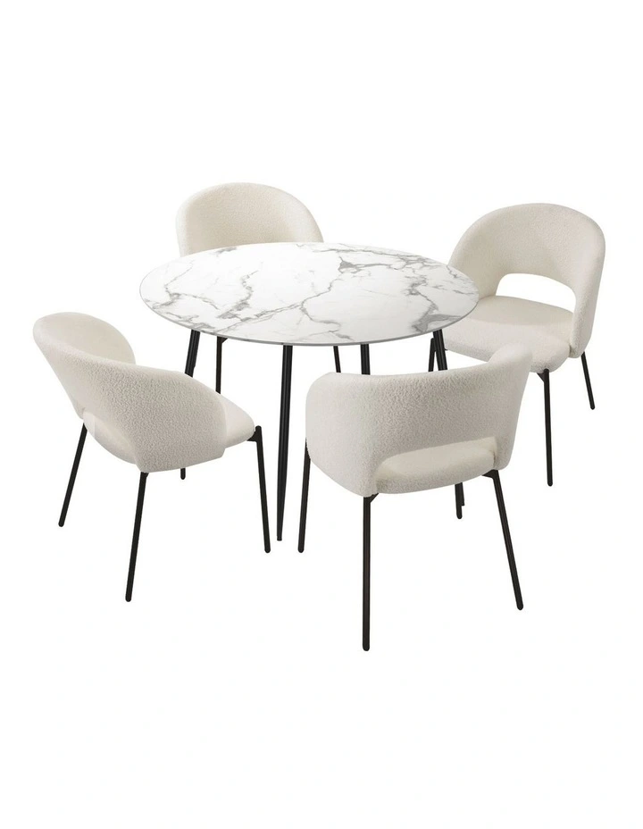 Oikiture 110cm Round Dining Table with 4PCS Dining Chairs Sherpa White image 1