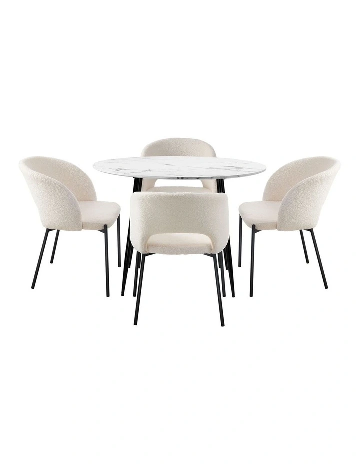 Oikiture 110cm Round Dining Table with 4PCS Dining Chairs Sherpa White image 2