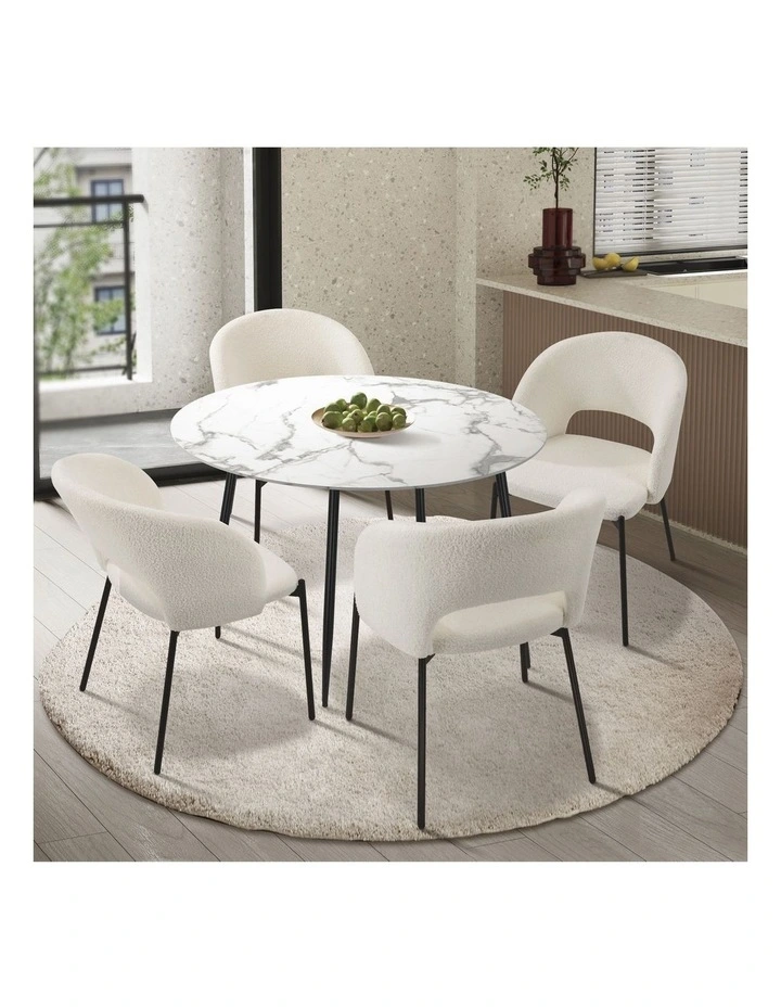 Oikiture 110cm Round Dining Table with 4PCS Dining Chairs Sherpa White image 4