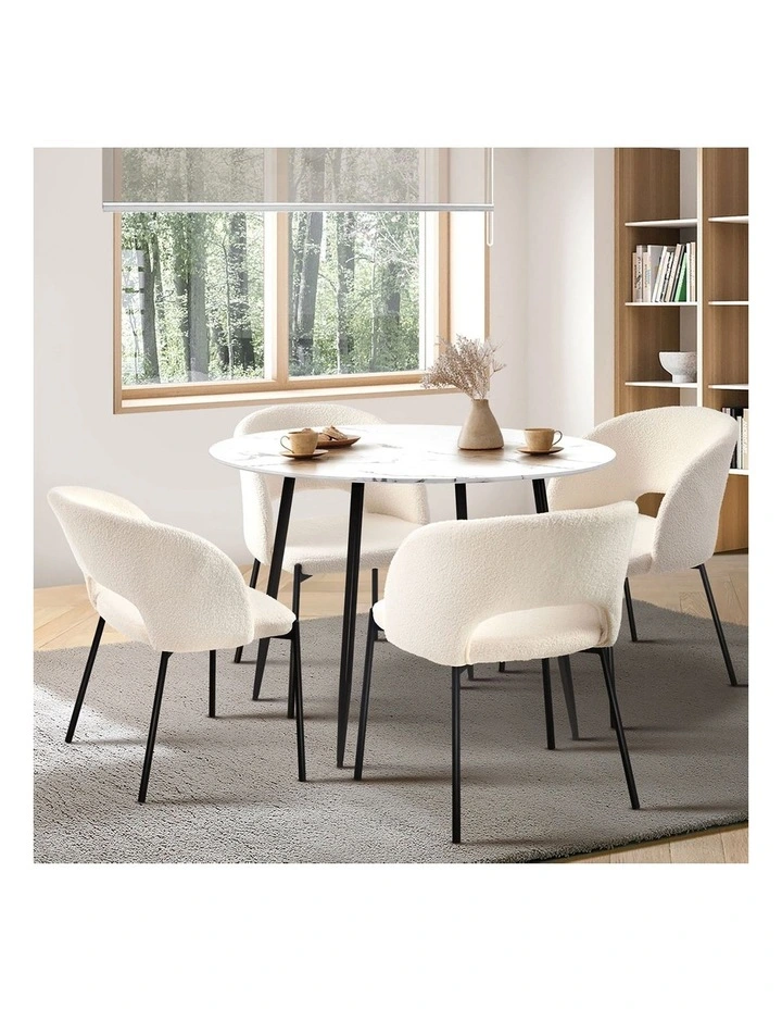 Oikiture 110cm Round Dining Table with 4PCS Dining Chairs Sherpa White image 5