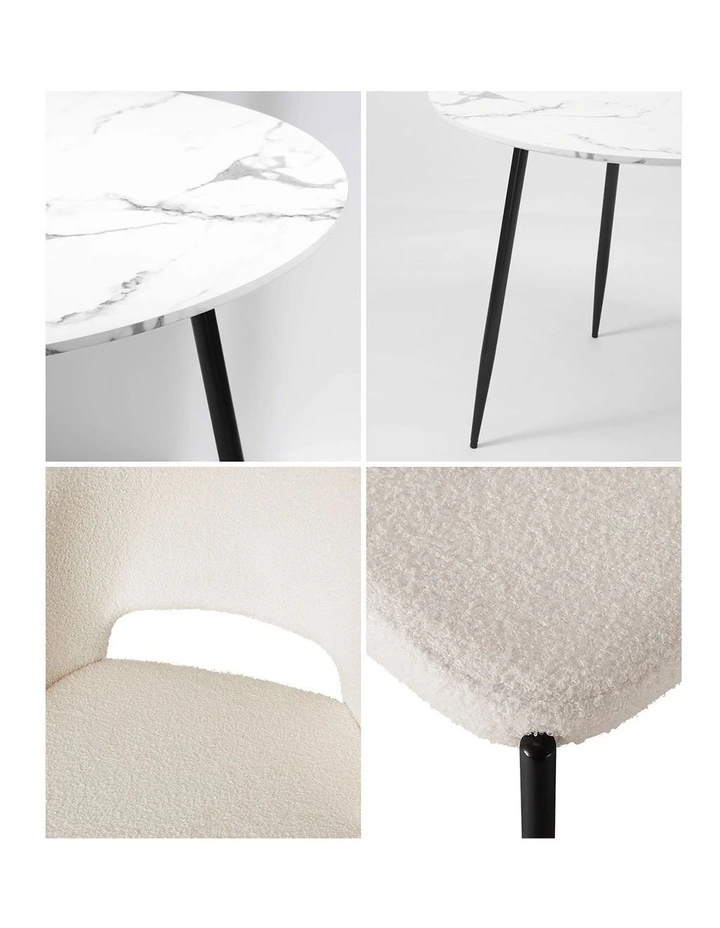 Oikiture 110cm Round Dining Table with 4PCS Dining Chairs Sherpa White image 7