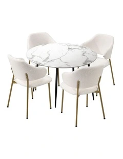 Oikiture 110cm Round Dining Table with 4PCS Dining Chairs Accent Sherpa Gold