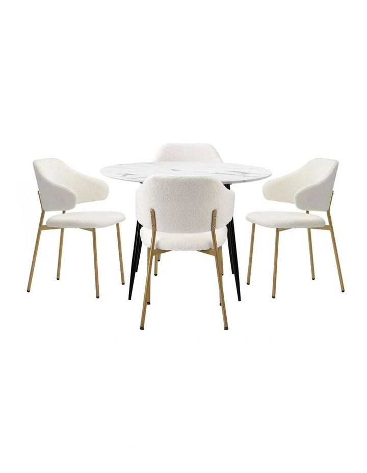 Oikiture 110cm Round Dining Table with 4PCS Dining Chairs Accent Sherpa Gold image 2