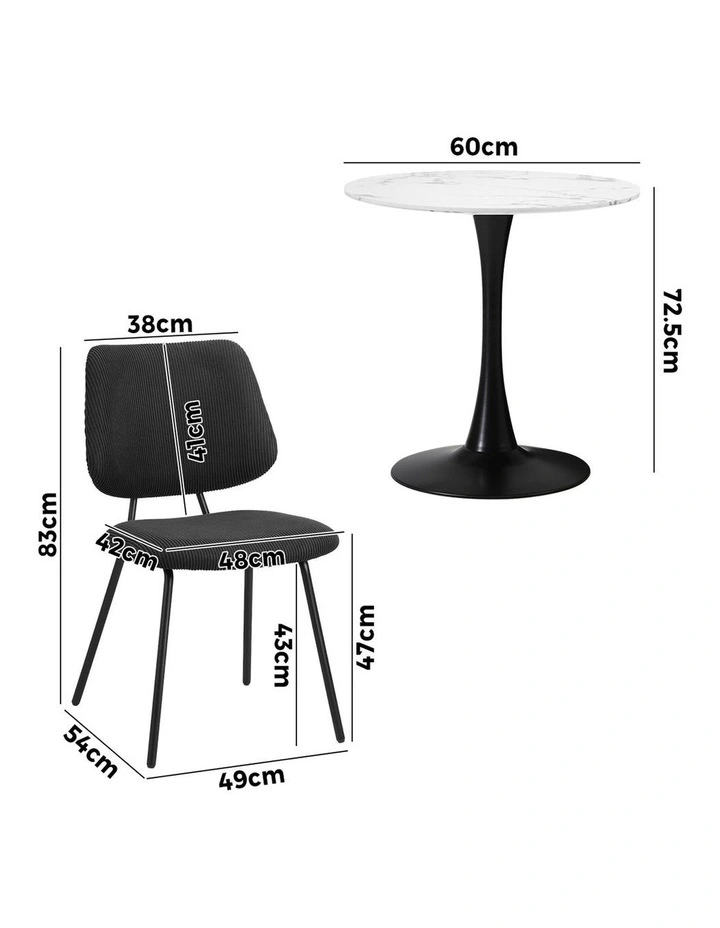 Oikiture Dining Table Set 60cm Round Dining Table and 2x Dining Chairs Black&White image 3