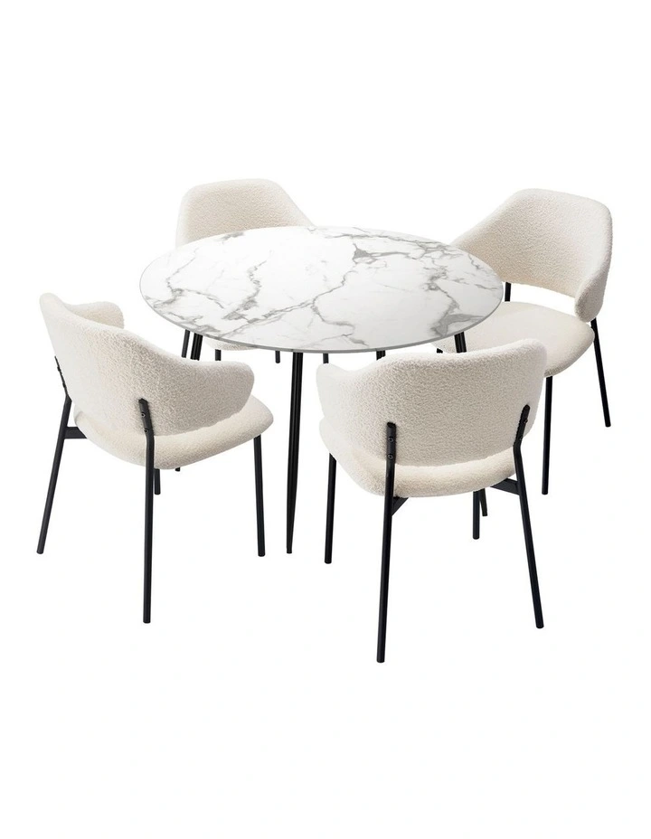 Oikiture 110cm Round Dining Table with 4PCS Dining Chairs Accent Sherpa White image 1