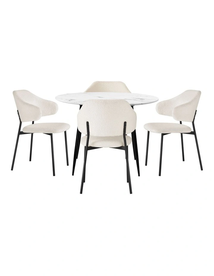 Oikiture 110cm Round Dining Table with 4PCS Dining Chairs Accent Sherpa White image 2