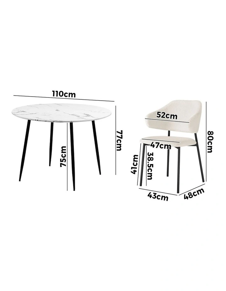 Oikiture 110cm Round Dining Table with 4PCS Dining Chairs Accent Sherpa White image 3
